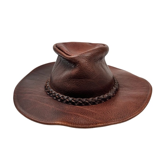 VTG Henschel Hat Co USA Brown Leather Australian Outback Hat Braided Band Size L - Picture 1 of 7